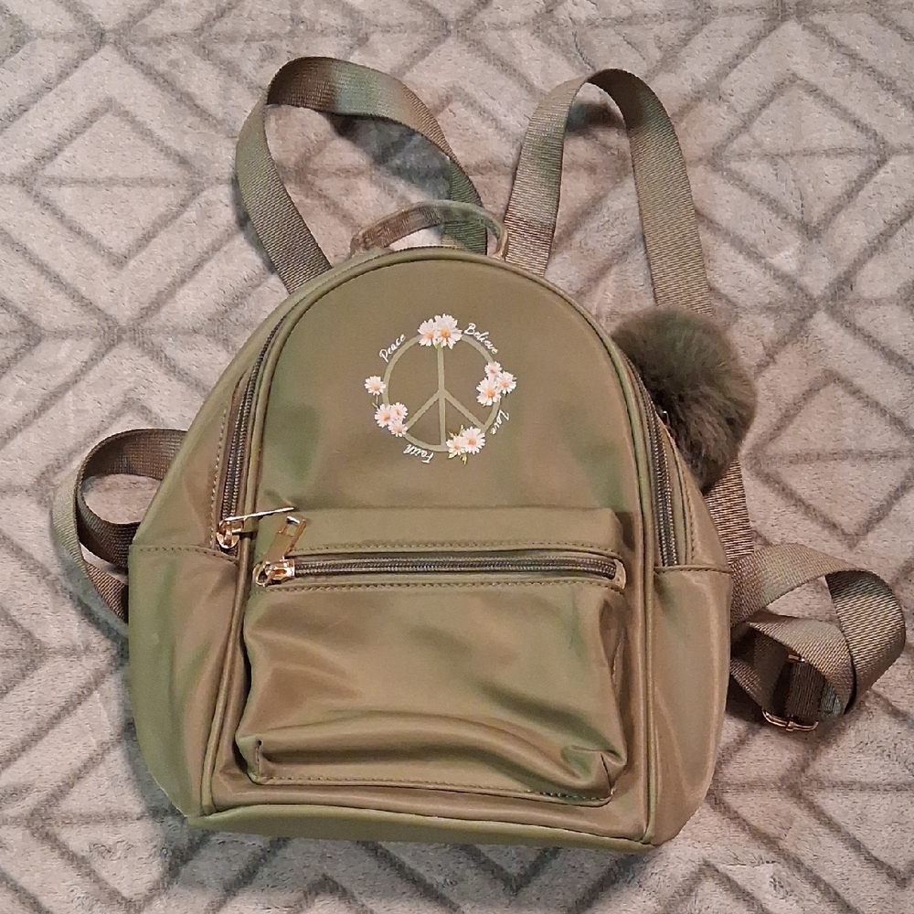 Olive Green Backpack with Floral Peace Sign